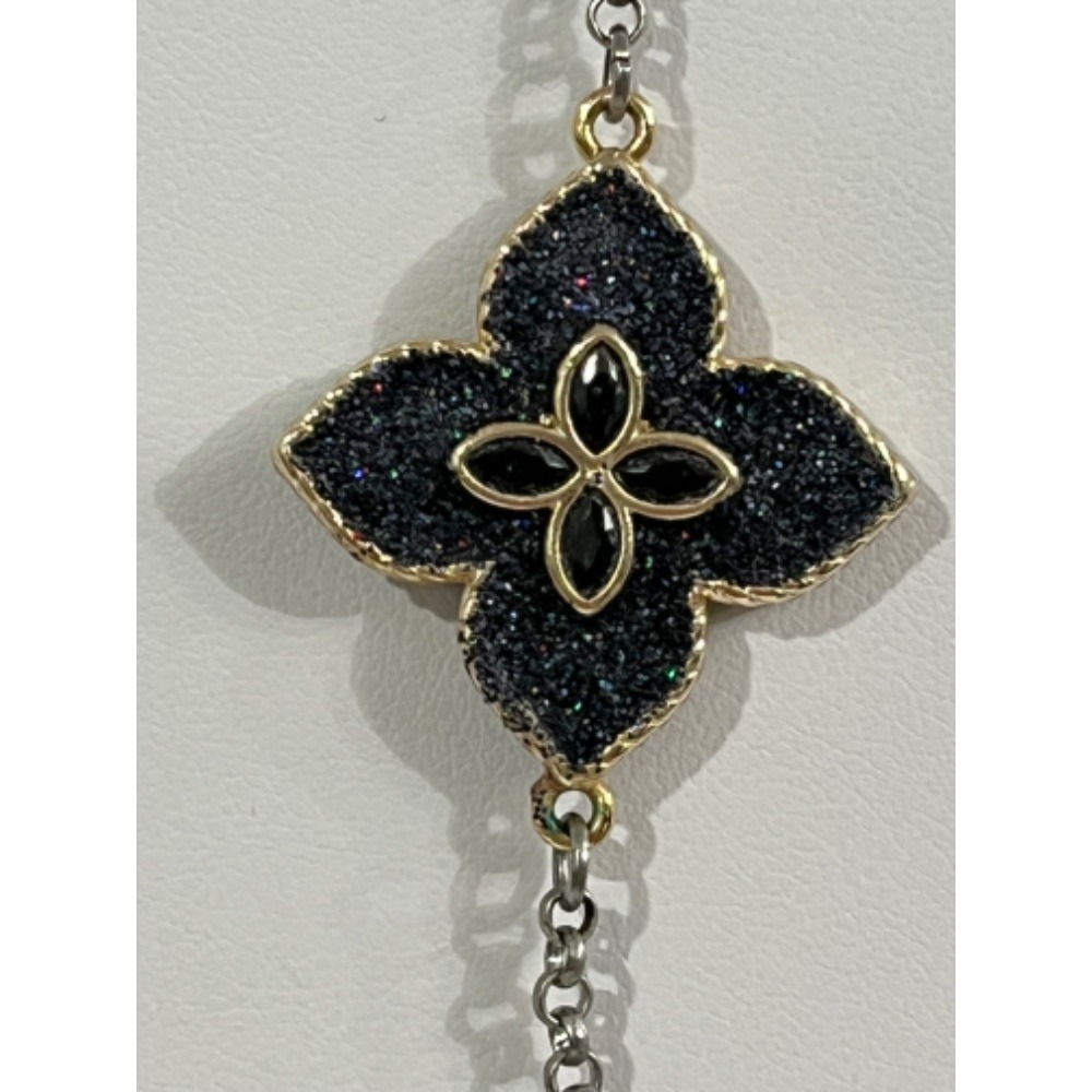 Long Station Necklace Black Clover Flower Druzy Pendant Chain Women's - Picture 2 of 5